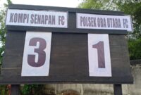 Papan skor akhir pertandingan Kompi Senapan FC melawan Polsek Oba Utara.