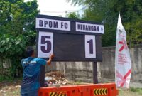 Papan skor hasil akhir pertandingan antara BPOM FC melawan Keuangan B. 