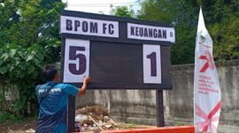 Papan skor hasil akhir pertandingan antara BPOM FC melawan Keuangan B. 