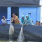 Ketua tim penggerak PKK Tidore, Rahmawati Muhammad dan Staf Ahli Wali Kota, Abdul Hakim Adjam panenan udang vaname. 